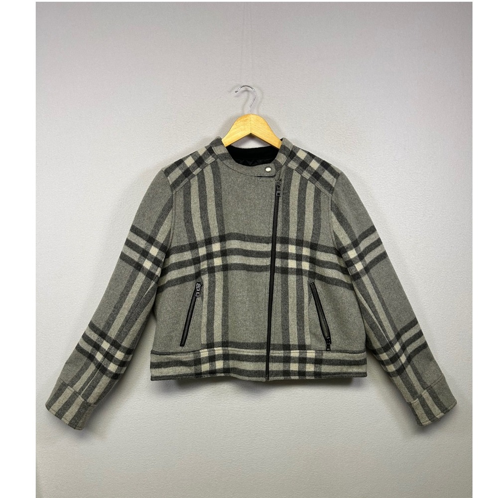 Dark Academia Gap Womens XL Grey Plaid Wool Blend Asymmetric Zip Moto Jacket